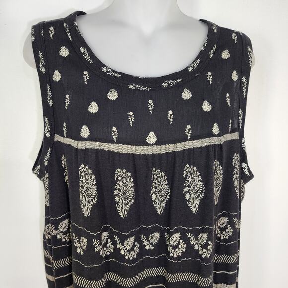 Lucky Brand Womens Embroidery Print Tank Top Large Black Linen Blend Boho Hippie - Picture 3 of 10